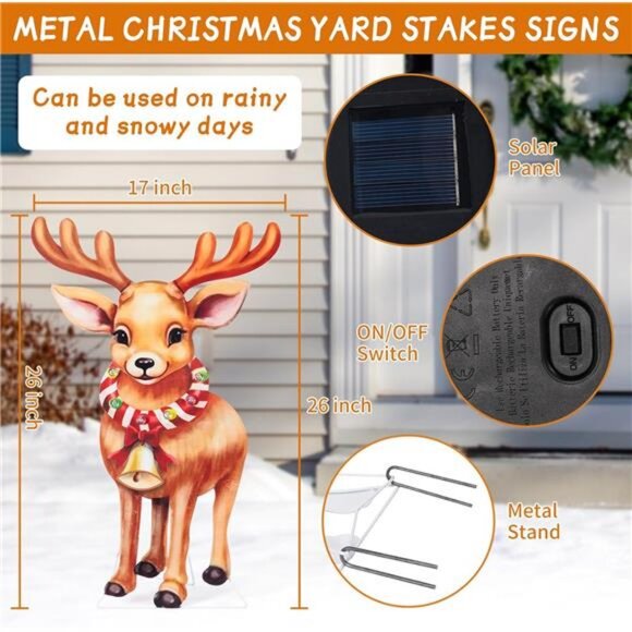 2pk Solar Metal Yard Stake Lights Reindeer Stake Colored Flashing LED Lights - Picture 5 of 8